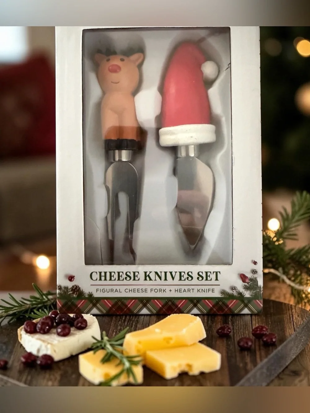 Festive Reindeer & Santa Cheese Knife Set - Red, White, Tan